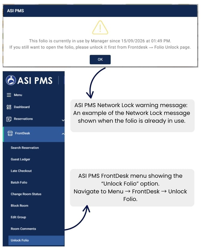 ASI PMS Network Lock warning message. Example of the Network Lock message shown when the folio is already in use. (1)